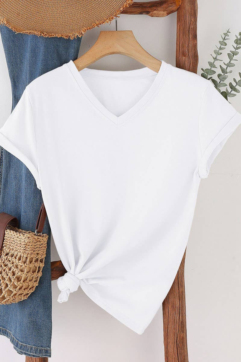 CWTTS1544_V-NECK FASHION SIMPLE SOLID COLOR SHORT SLEEVES