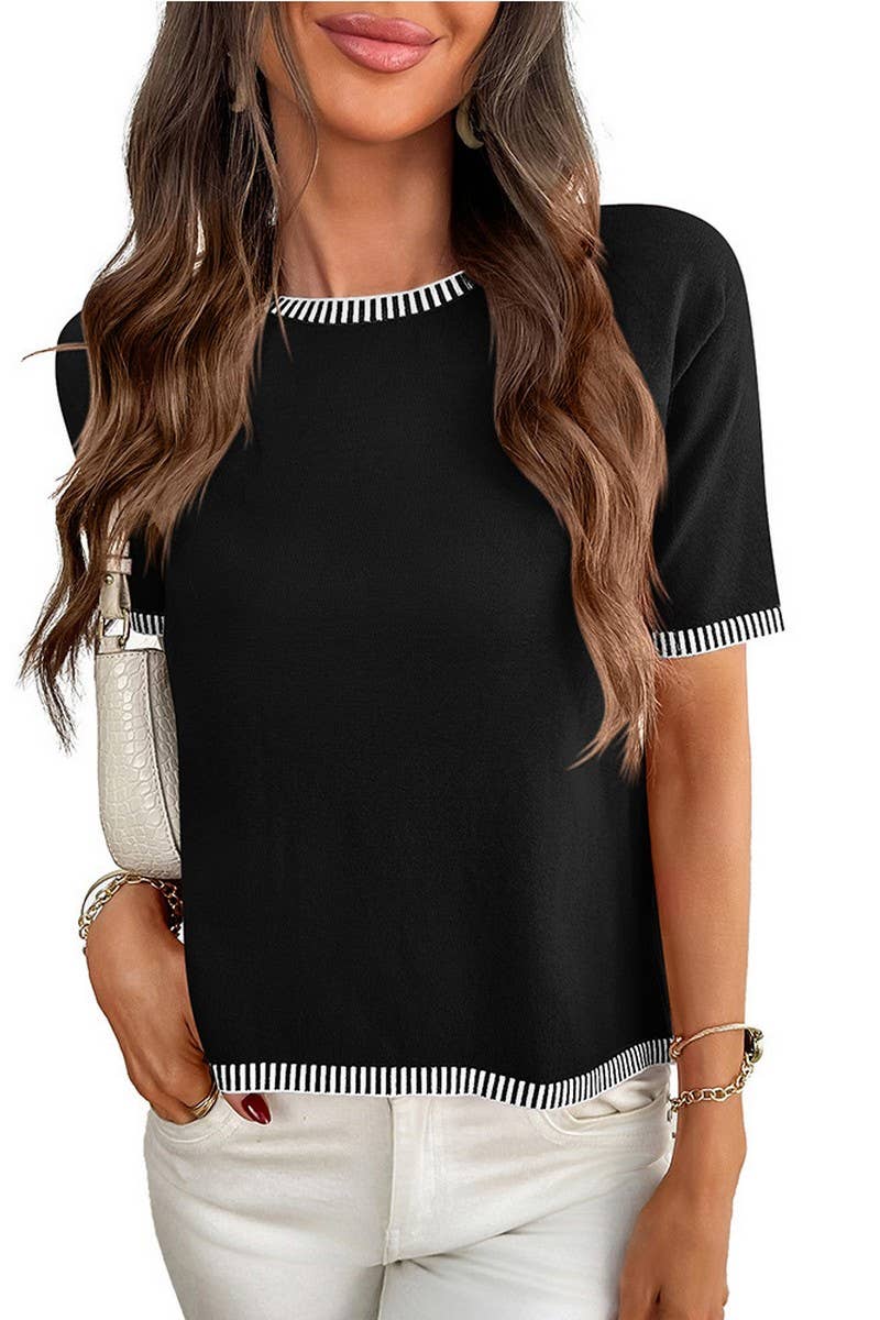 CWOSWS0143_STRIPED SHORT SLEEVE CREW NECK KNIT SWEATER