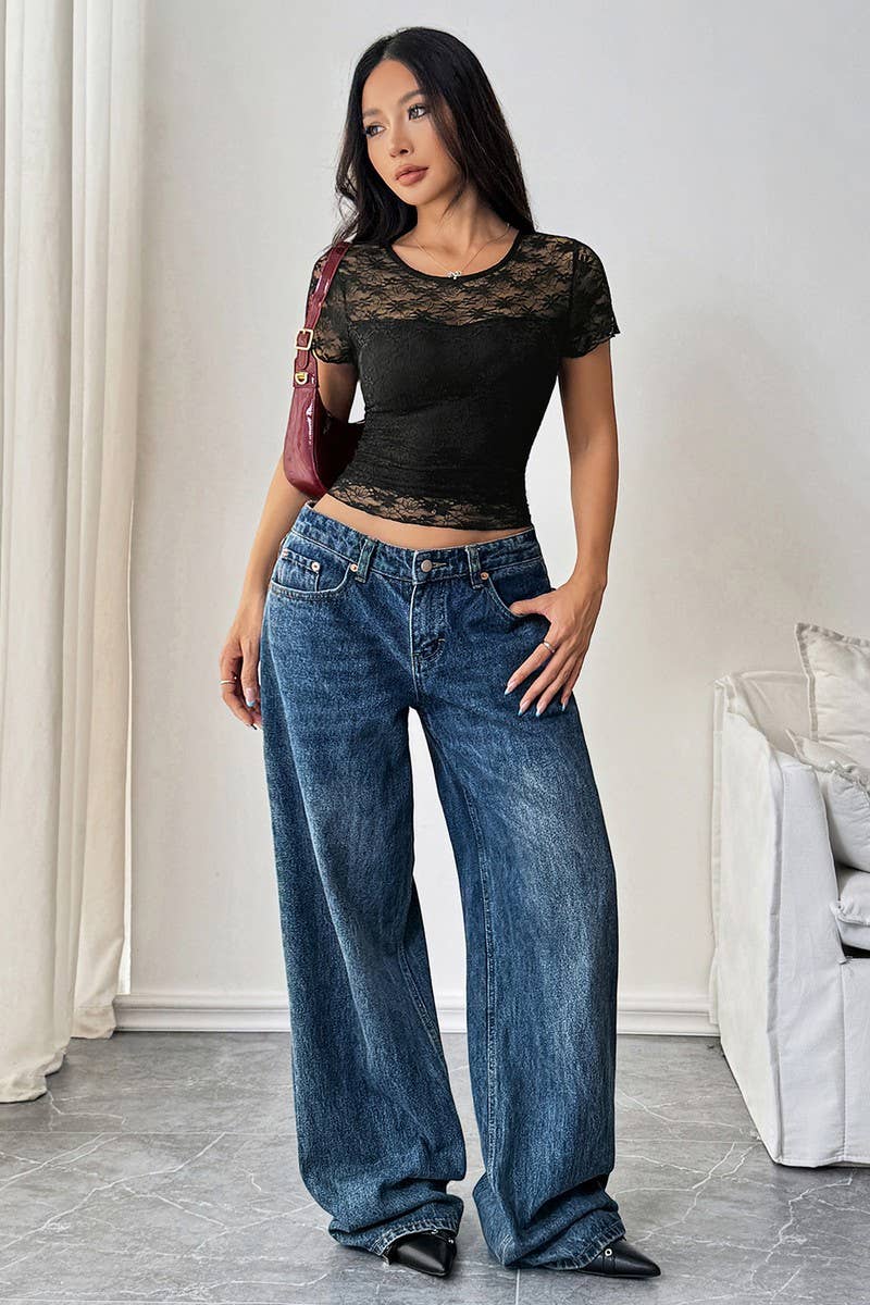 CWTBLS2001_SOLID SLIM FIT LACE PATCHWORK SEXY CASUAL TEE