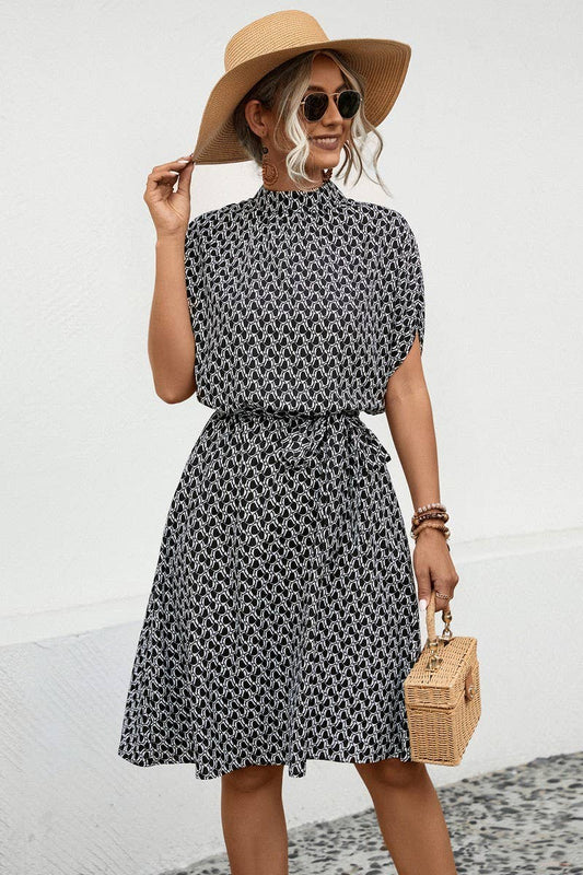 CWDSD4877_ROUND NECK PRINTED BATWING SLEEVE DRESS