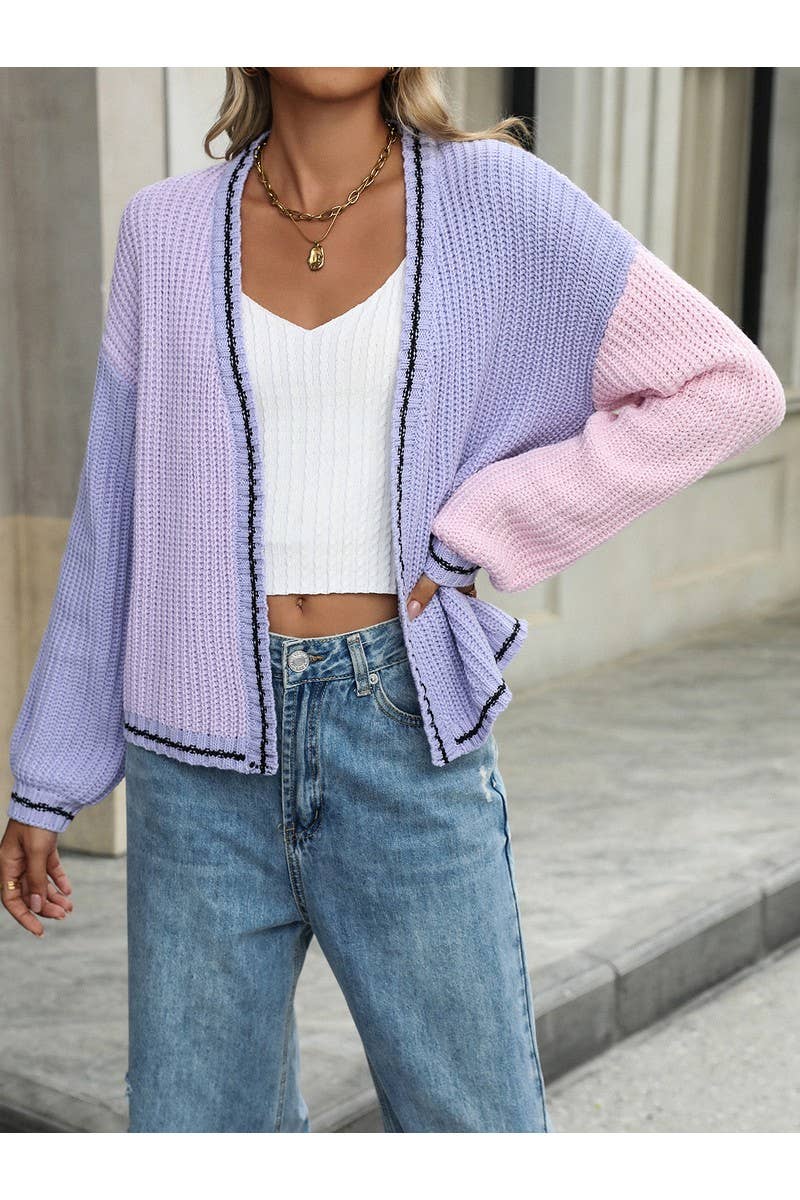 CWOSWL2462_Color Matching Long Sleeved Knit Sweater Cardigan