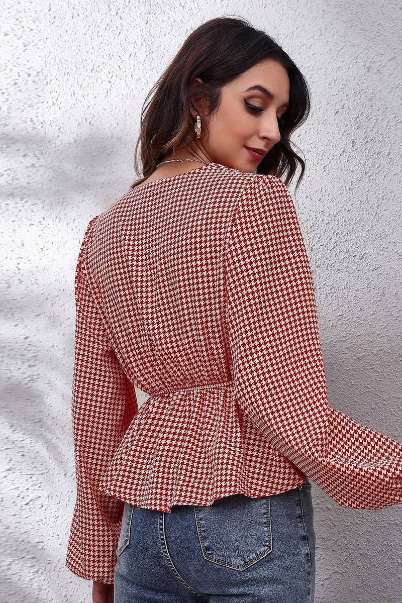 CWTBLL0707_V-Neck Long Sleeve Print Blouse