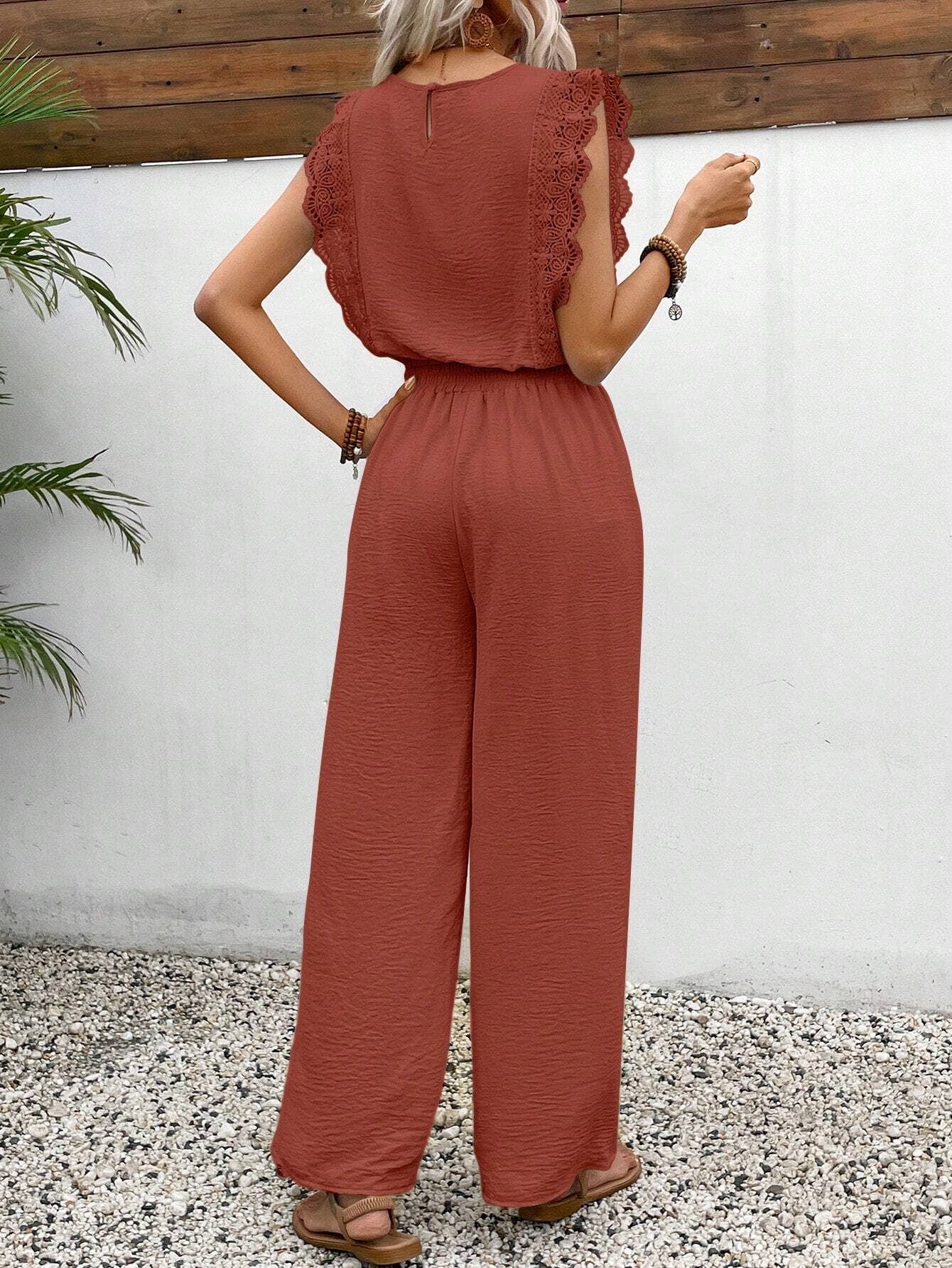 Drawstring jumpsuit ruffled sleeves square collar
