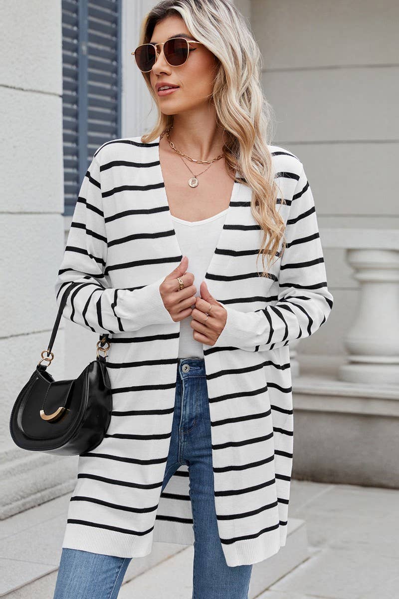 CWOCAL00840_CASUAL STRIPED MID-LENGTH KNIT CARDIGAN