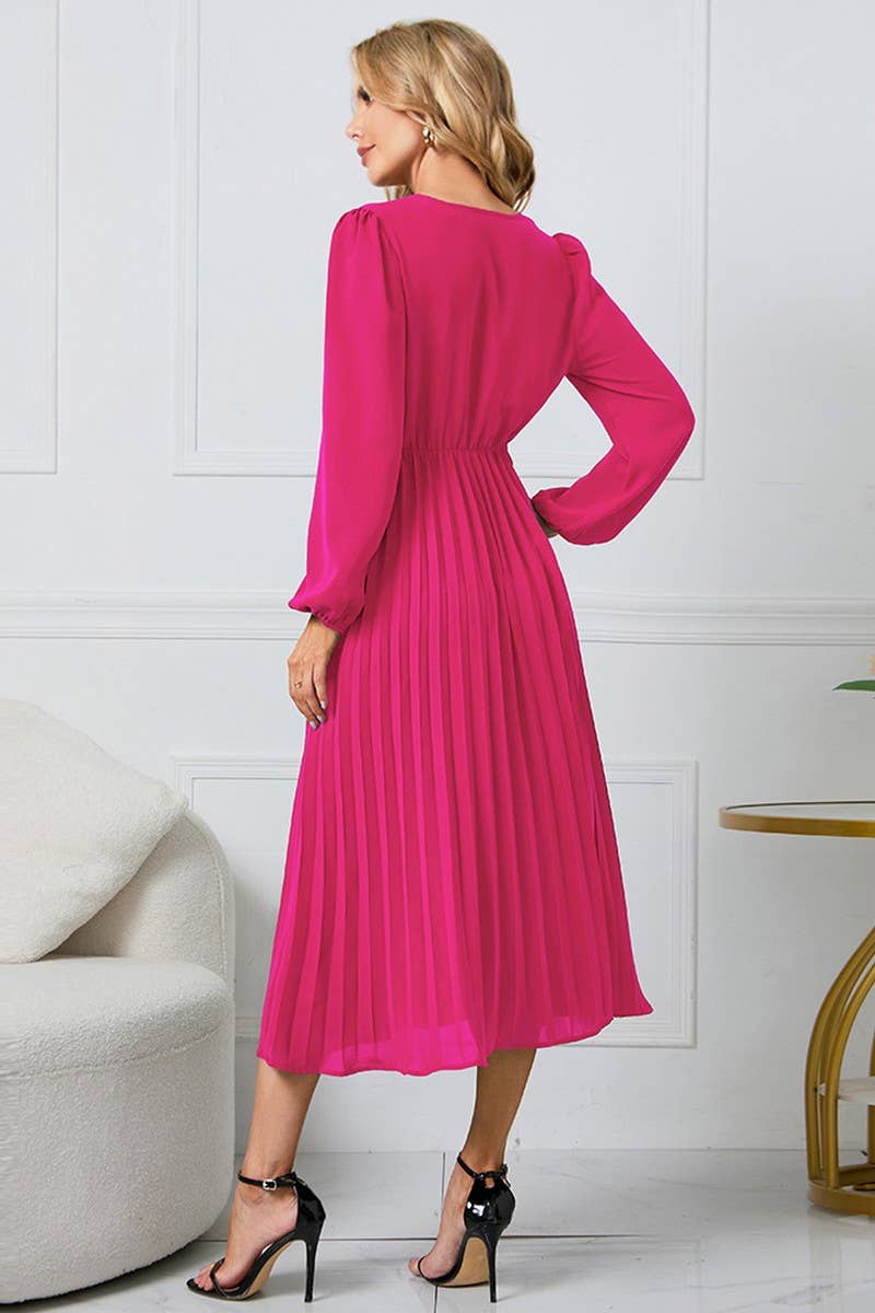 CWDMD1462_V-NECK LONG SLEEVED PLEATED DRESS