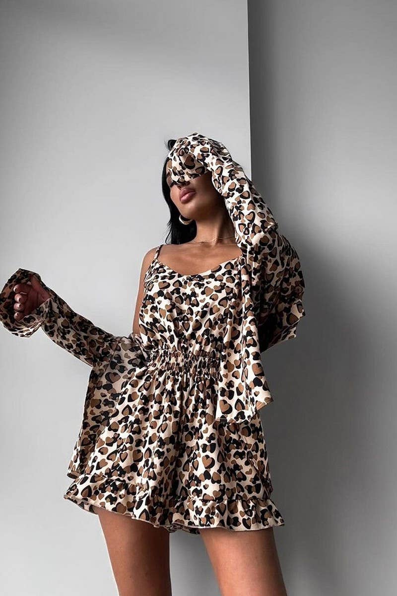 CWSPJ0389_LEOPARD PRINT LONG-SLEEVED VEST SHORTS PAJAMA SET