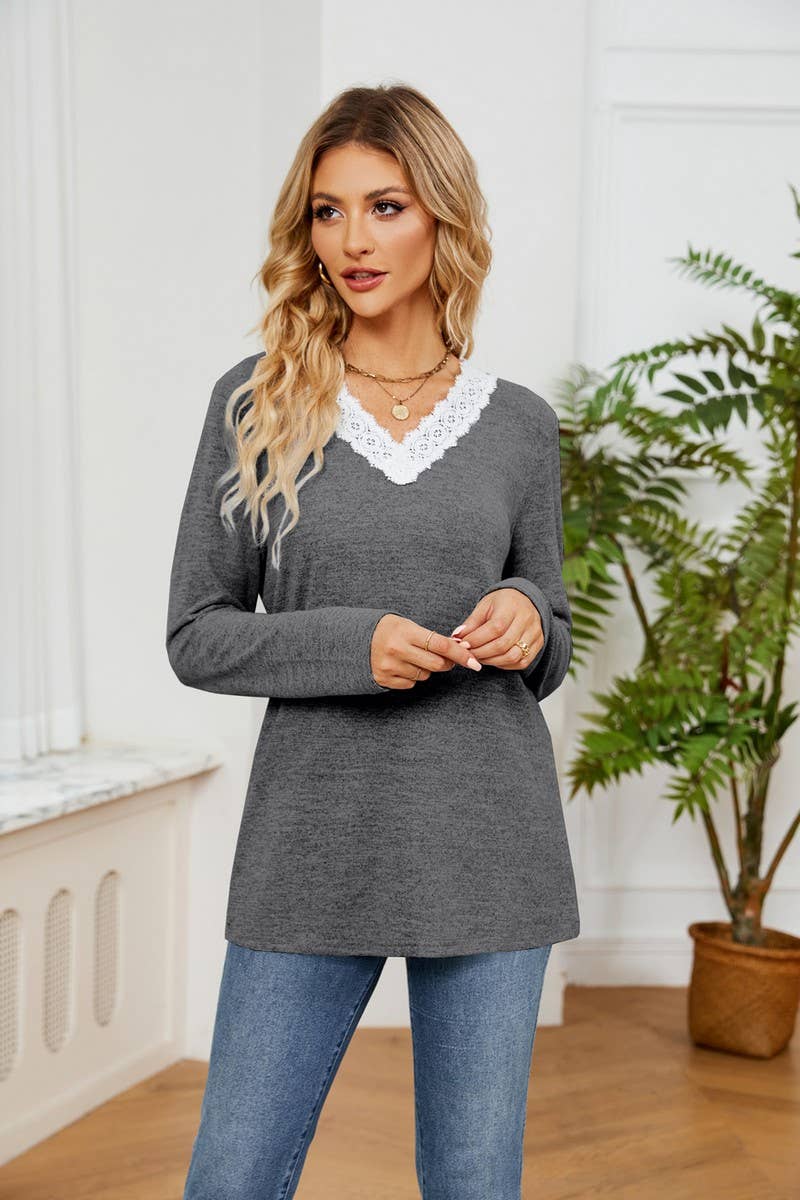 CWTBLL2385_V-NECK LACE LONG-SLEEVED LOOSE PULLOVER