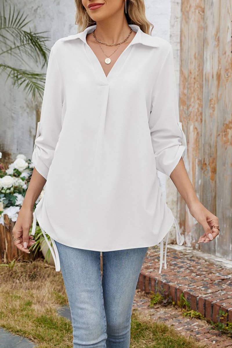 CWTBLS1796_SPRING AND SUMMER SOLID COLOR LAPEL LOOSE SHIRT