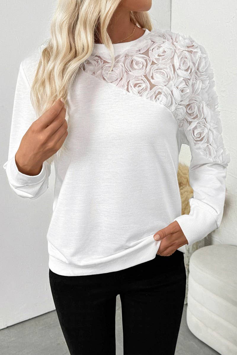 CWTBLL4043_SOLID LONG SLEEVE SWEATSHIRT WITH 3D ROSE DETAIL