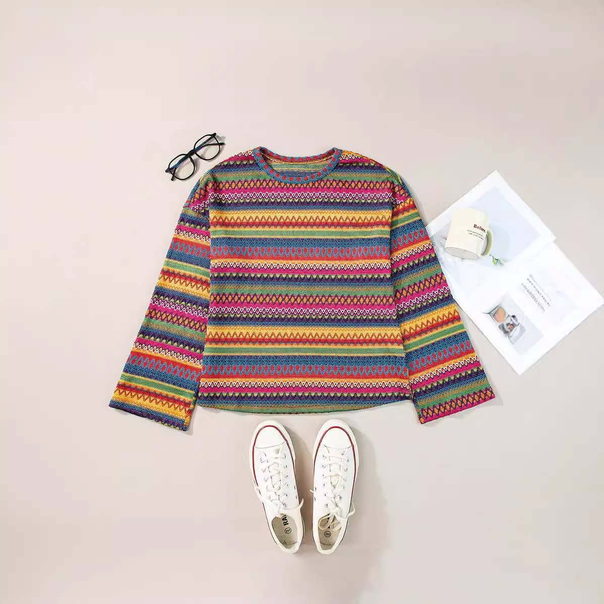Casual loose crew neck pullover colored striped sweater