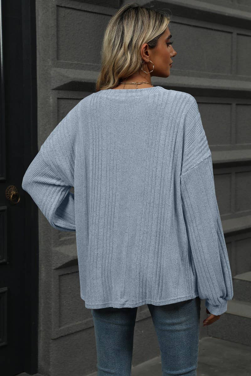 CWTBLL1868_SOLID COLOR V-NECK LOOSE RIBBED LONG-SLEEVED TOP