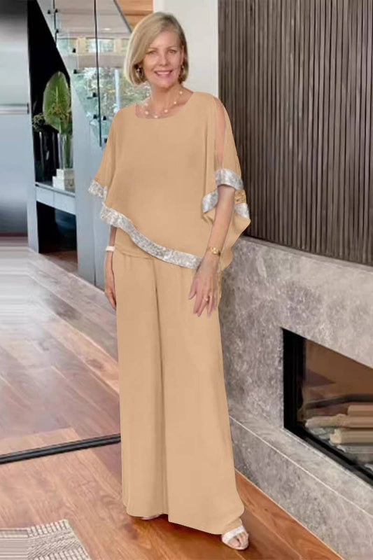 CWSTB1401_ROUND NECK SEQUIN TOP WIDE LEG PANTS SET