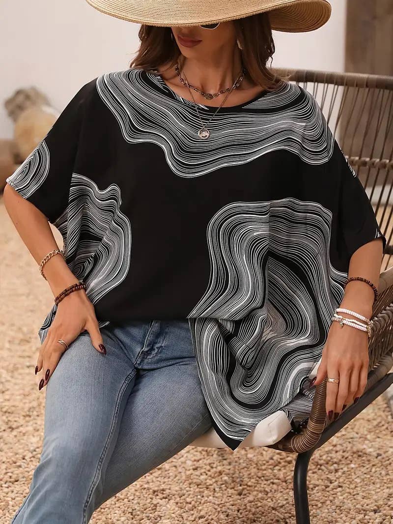 Casual printed V-neck loose batsleeve top