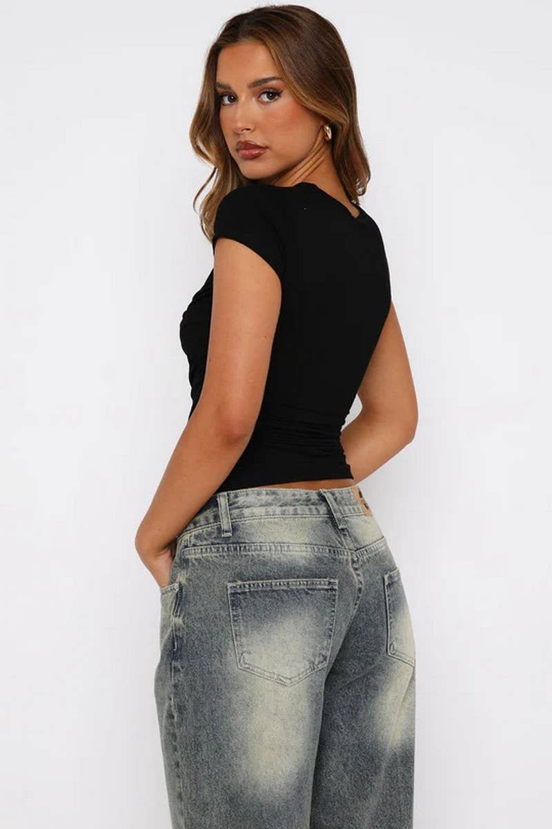 CWTBLS2224_CROSS RUCHED SLIM FIT SHORT SLEEVE GYM TOP