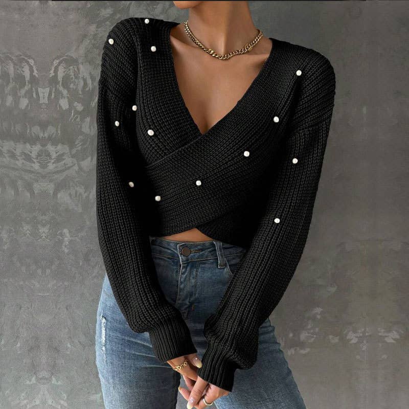 Beaded one-shoulder slimming knitted sweater