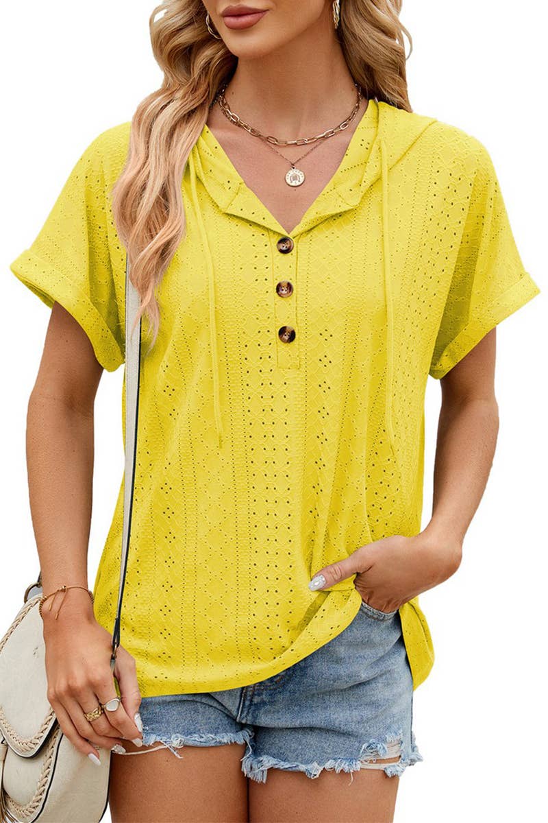 CWTTS1351_SUMMER BUTTON HOODED SHORT-SLEEVED T-SHIRT