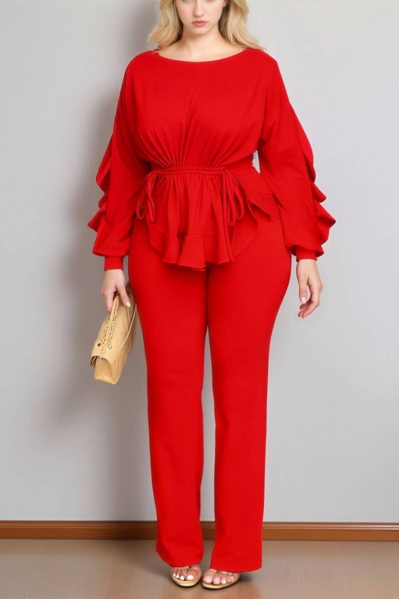 CWSTB00491_2025 ELEGANT RUFFLE DRAWSTRING TOP AND PANTS SET