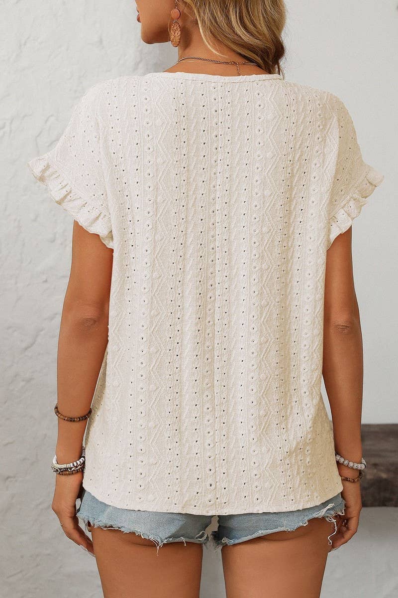 CWTBLS1710_SOLID COLOR ROUND NECK SHORT SLEEVE HOLLOW TOP