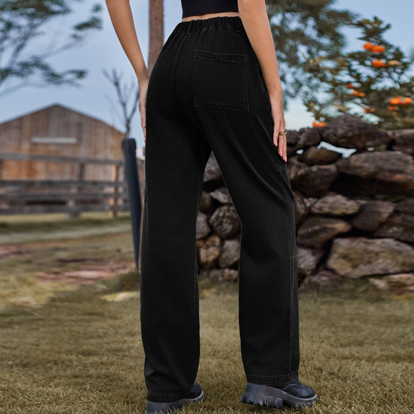 ELASTIC-WAISTED DENIM CARGO CASUAL PANTS