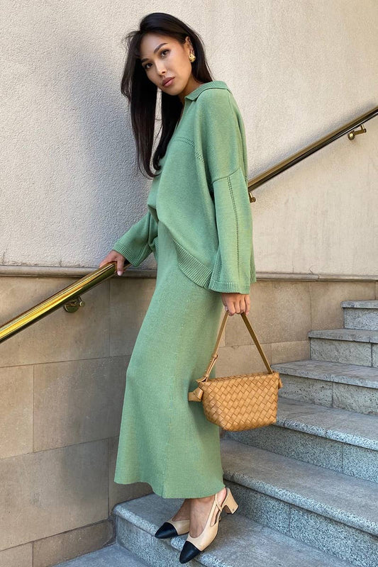 CWSS0750_KNITTED V-NECK LONG SLEEVE SWEATER SKIRT SET