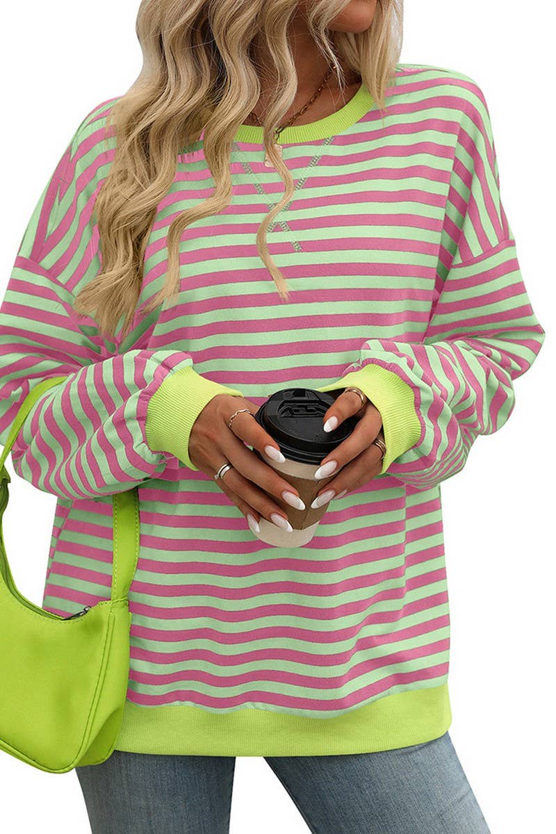 WTBLL1485_COLORFUL STRIPED CREW NECK LOOSE SWEATSHIRT