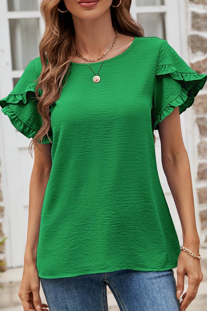 CWTBLS0352_Round neck Short Ruffle Sleeve Blouse