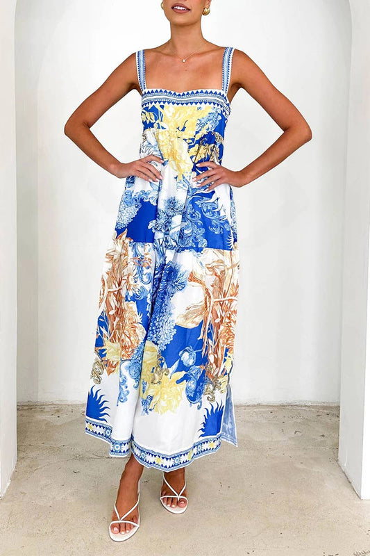 CWDHL1018_SUMMER SLIT TEMPERAMENT BIG SWING SUSPENDER DRESS