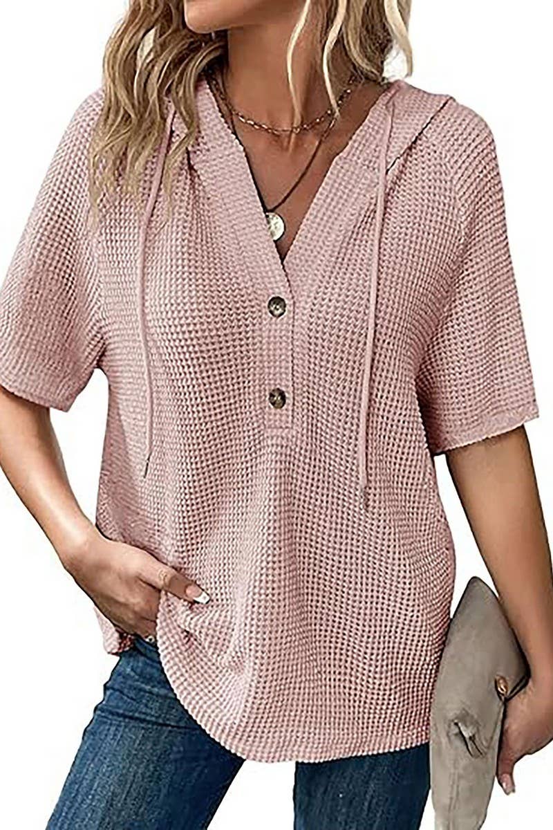 CWTBLS1773_WAFFLE DRAWSTRING HOODED SHORT-SLEEVED TOP