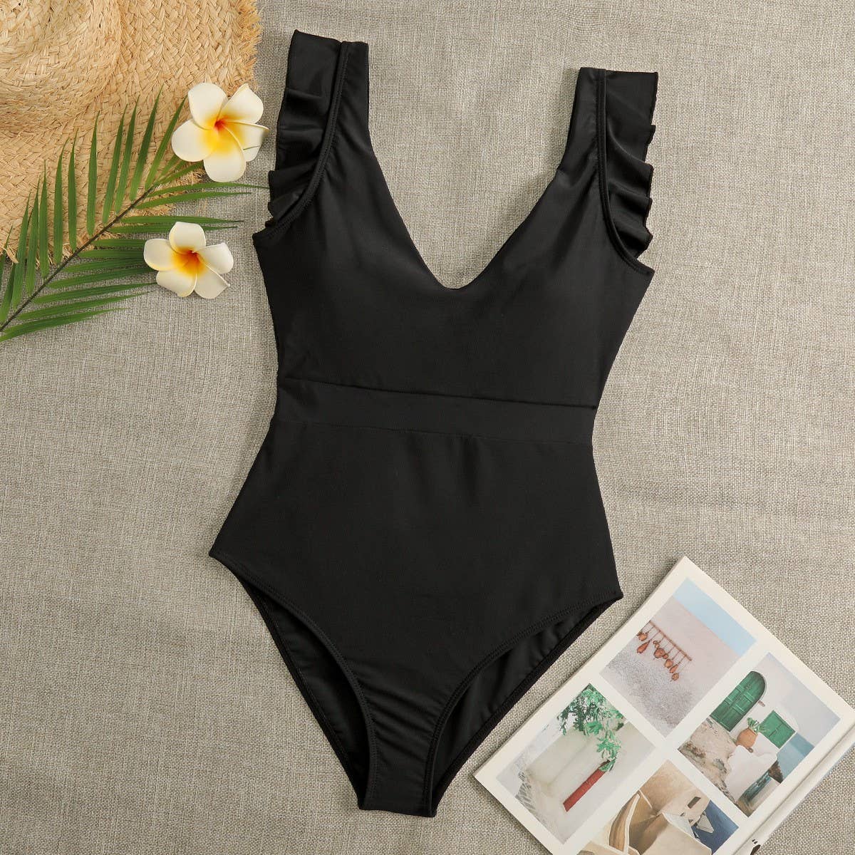 WOMEN'S SEXY DEEP V SWIMSUIT WITH RUFFLED EDGES