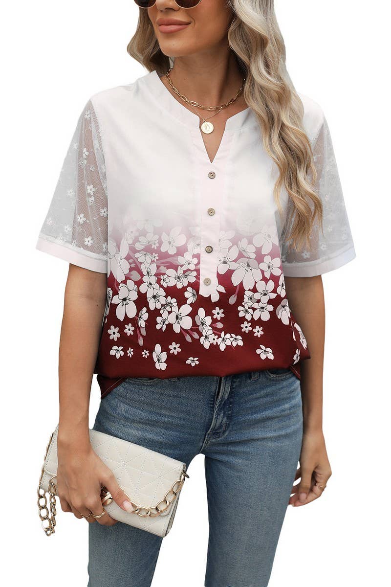 CWTBLS1706_V-NECK PRINTED CHIFFON SHORT-SLEEVED TOP