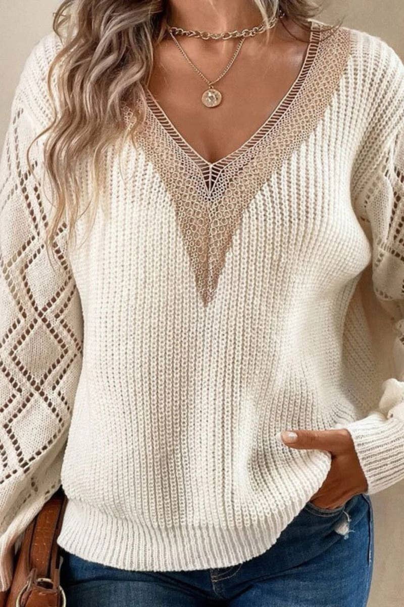 CWOSWL5181_V-NECK LACE PATCHWORK LONG-SLEEVED SWEATER