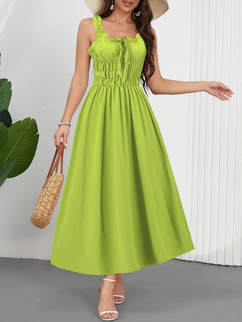 Casual Solid Color Waist-Tie Long Maxi Dress