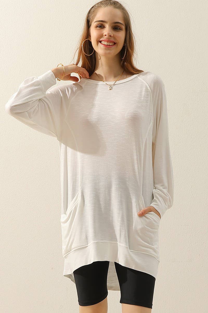 CWTTL1491_R NECK LONG SLEEVE SLUB LONG KNIT TOP WITH POCKETS