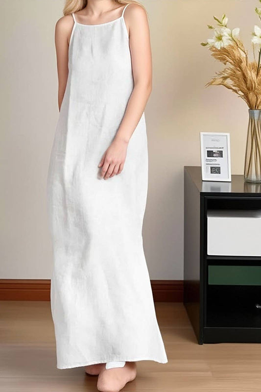 CWDMD01027_CASUAL COTTON AND LINEN SLIT SUSPENDER DRESS