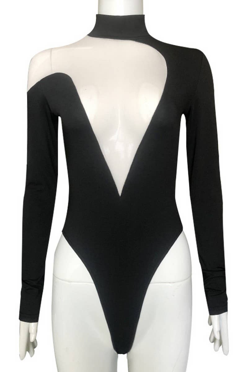 CWSBSL0108_SEXY DEEP V MESH SPLICING LONG SLEEVE BODYSUIT