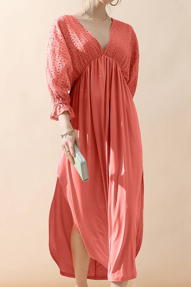 CWDMD795_3/4 SLEEVE V NECK LONG DRESS
