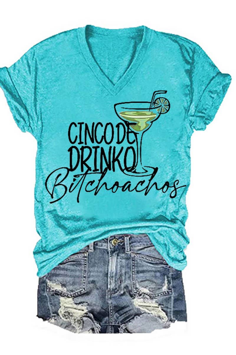 CWTTS1059_LETTER PRINTED V NECK CASUAL SHORT SLEEVED T SHIRT