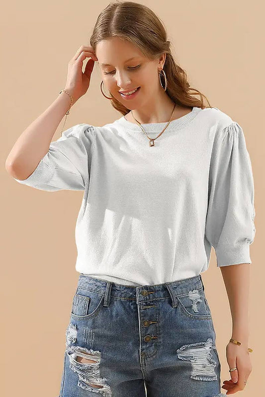 CWTTS1310_SPRING AND SUMMER ROUND NECK PLEATED SWEATER
