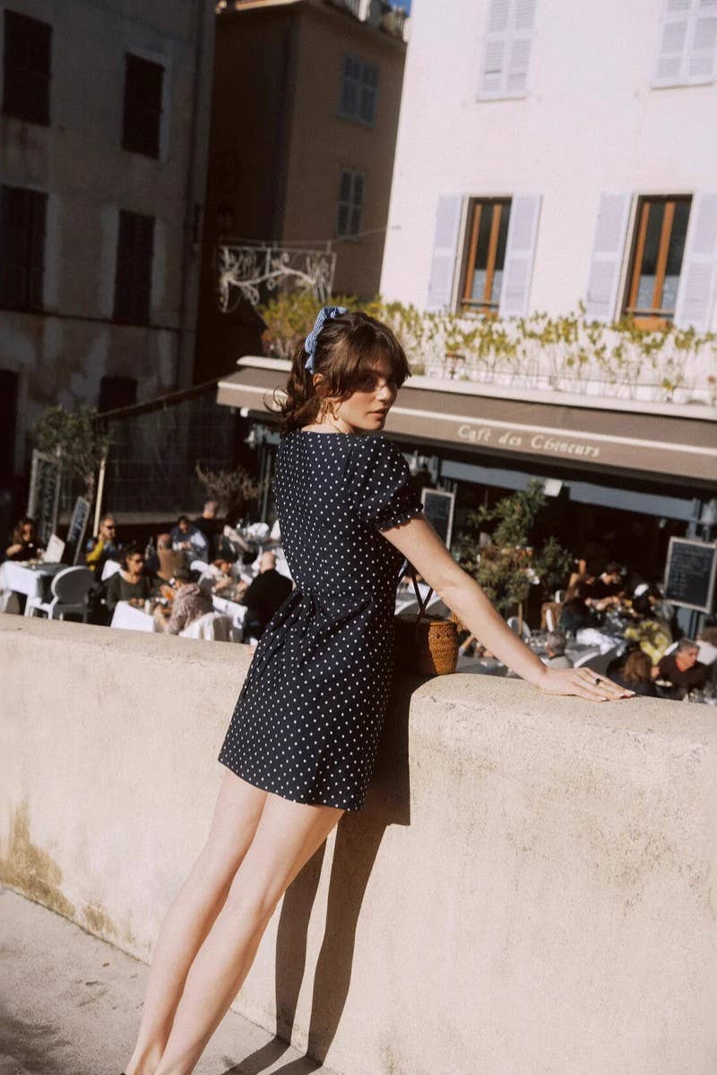 CWDSD8845_POLKA DOT V-NECK A-LINE MINI DRESS