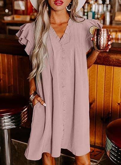 Fashionable V-neck ruffled short-sleeved dress