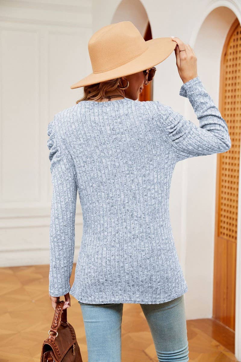 CWTBLL2403_ROUND NECK LONG SLEEVE TWISTED PUFF SLEEVE TOP