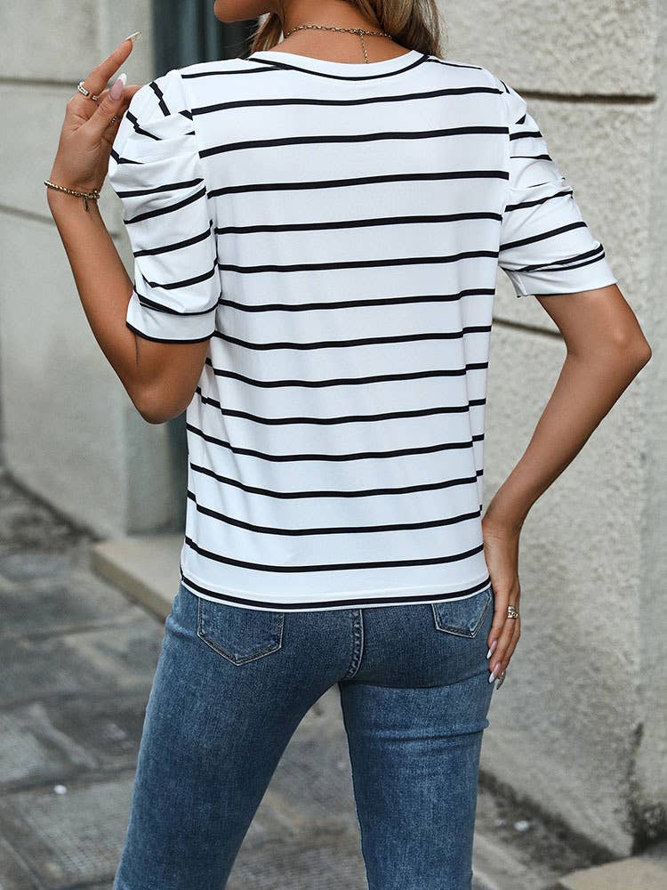 Casual Lamb Leg Sleeve Striped Crewneck T-Shirt
