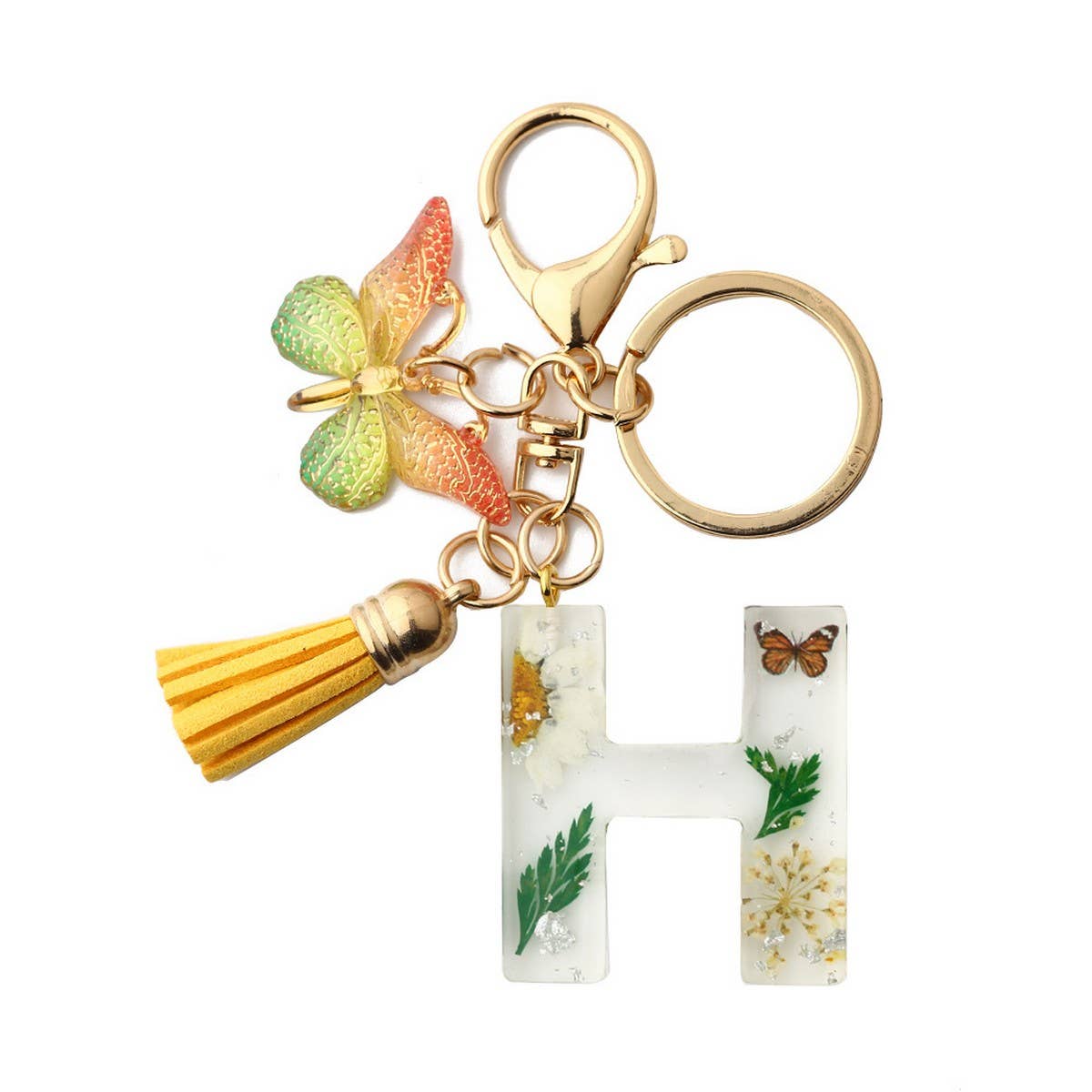 Flower Letter Keychain with Yellow Butterfly Charm_CWAB5090