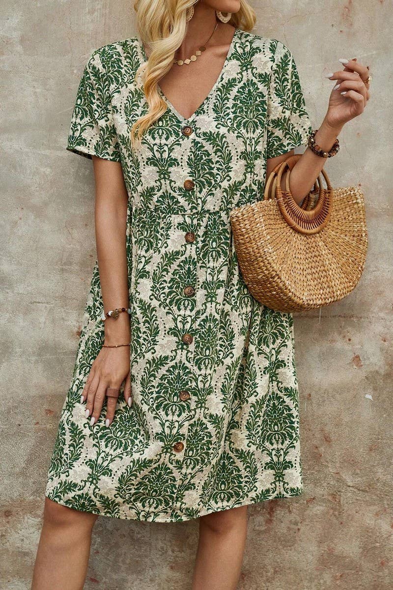 CWDSD7522_SUMMER FASHION PRINTED V-NECK LOOSE DRESS