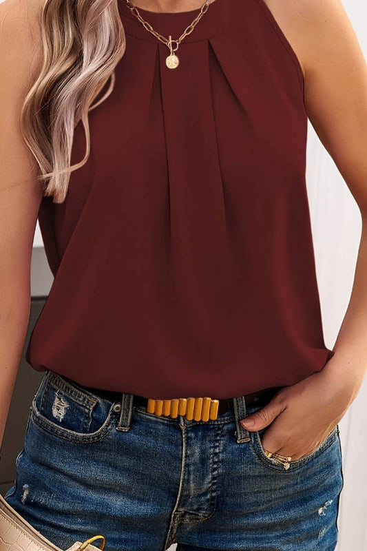 CWTTSL0337_SUMMER SLEEVELESS ROUND NECK TIE PLEATED TOP