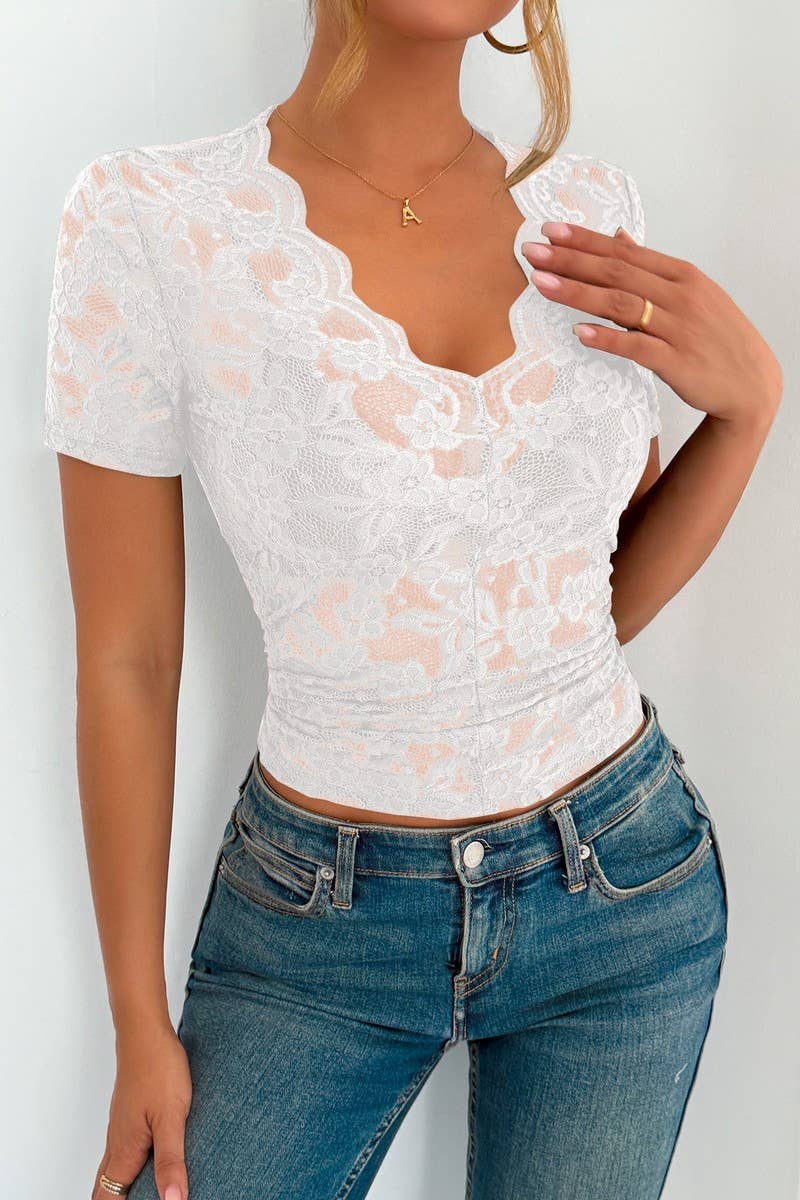 CWTBLS2121_SOLID SLIM FIT V-NECK LACE SHORT SLEEVE TOP