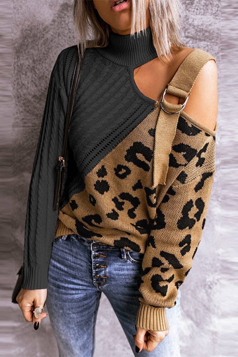 CWOSWL6674_LEOPARD PRINT OFF-THE-SHOULDER BUCKLE SWEATER