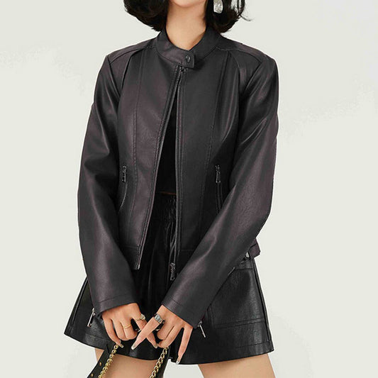 Red PU Leather Jacket ??Stand Collar Spring/Fall_CWMM9012