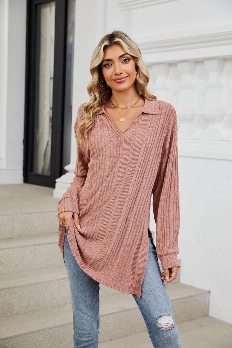 CWTBLL3668_FLIP COLLAR SLIT LONG SLEEVED LOOSE T-SHIRT TOP