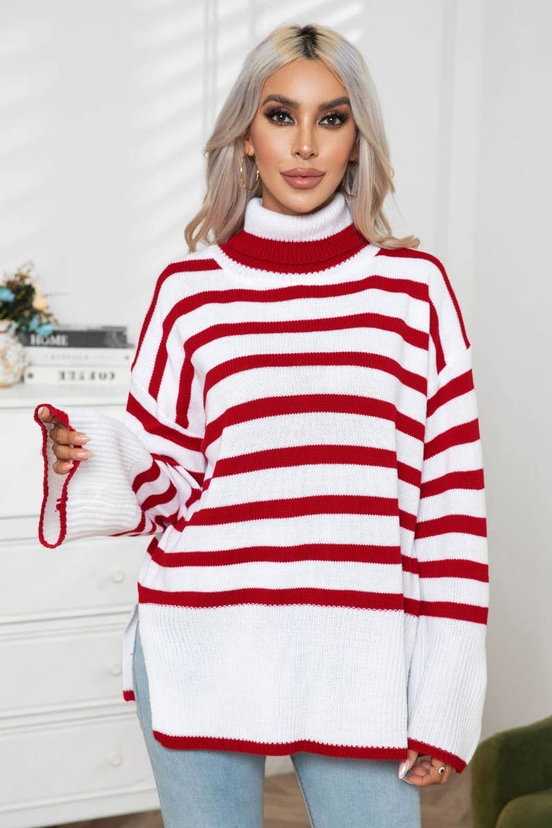 CWOSWL6371_TURTLENECK STRIPED LONG-SLEEVED SLIT SWEATER